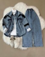 NV39 – Ensemble Mina : Pantalon Large, Veste en Jean et Pull Col Roulé | 3 Pièces