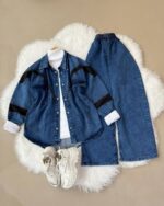 NV39 – Ensemble Mina : Pantalon Large, Veste en Jean et Pull Col Roulé | 3 Pièces
