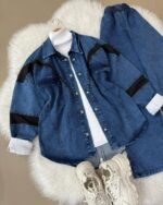 NV39 – Ensemble Mina : Pantalon Large, Veste en Jean et Pull Col Roulé | 3 Pièces