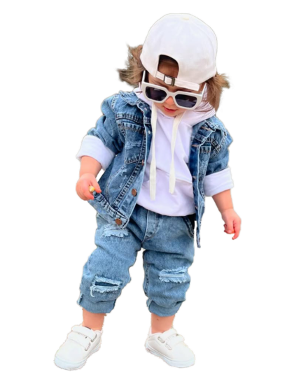 NV01 – Ensemble 3 Pièces Jean et Pull Blanc pour Petits Garçons