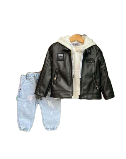 NV12 – Ensemble Urban Chic : Veste en Cuir, Jean & Pull à Capuche Garçon
