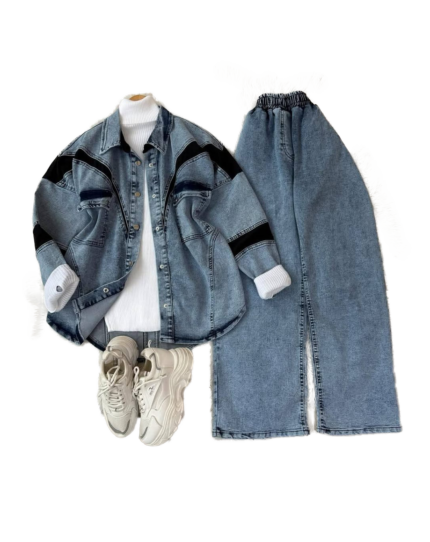 NV39 – Ensemble Mina : Pantalon Large, Veste en Jean et Pull Col Roulé | 3 Pièces