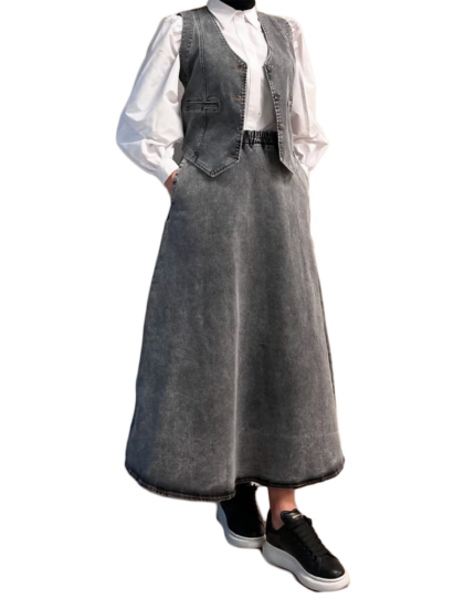 NV75 – Ensemble 3 Pièces pour Femmes – Veste Denim Rayée, Jupe Denim et Chemise