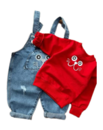 NV35 – Salopette Jean Enfant + Pull Coloré – Rouge ou Blanc