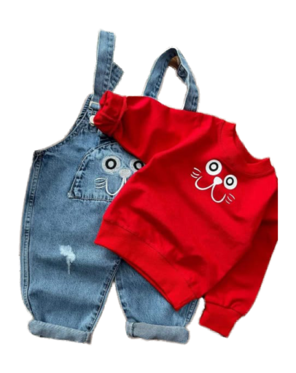NV35 – Salopette Jean Enfant + Pull Coloré – Rouge ou Blanc