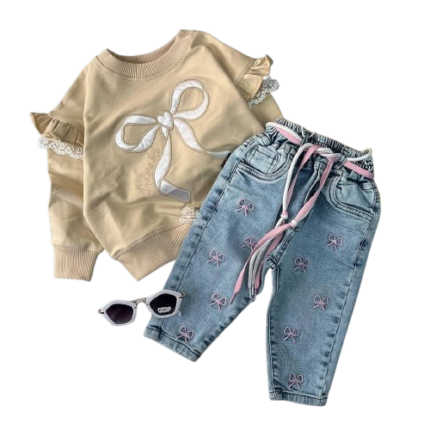 NV22 – Ensemble 2 Pièces Pantalon Jean et Pull Papillon – Beige, Saumon, Jaune